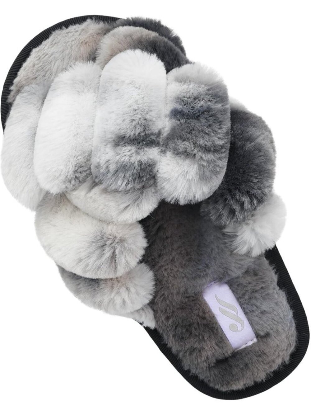 Women's Grey Black Fuzzy Fluffy House Criss Cross Furry Open Toe Slipper Shoes